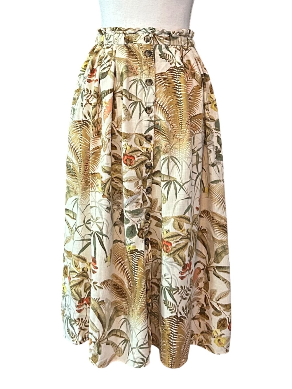 H&M Button Down A-line Full Skirt Linen Blend Women’s SZ S Floral Tropical Print